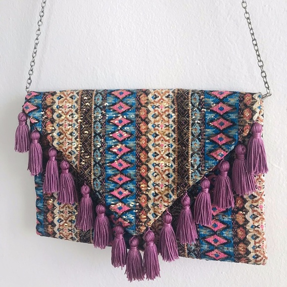 Aztec-Inspired Print Purse with Sequins, Tassels and Chain - Picture 1 of 6